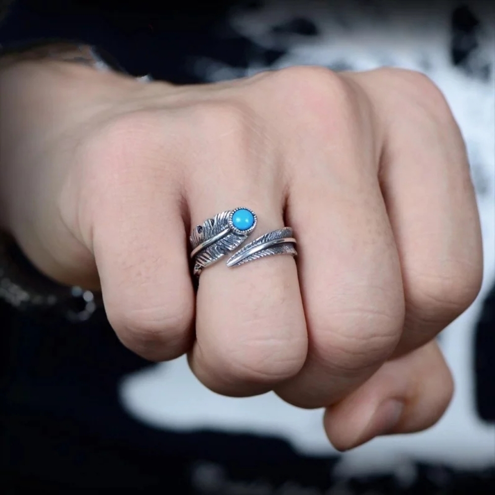 LAST! NEW 925 Sterling Silver Feather Turquoise Ring | Adjustable Size - Picture 4 of 16